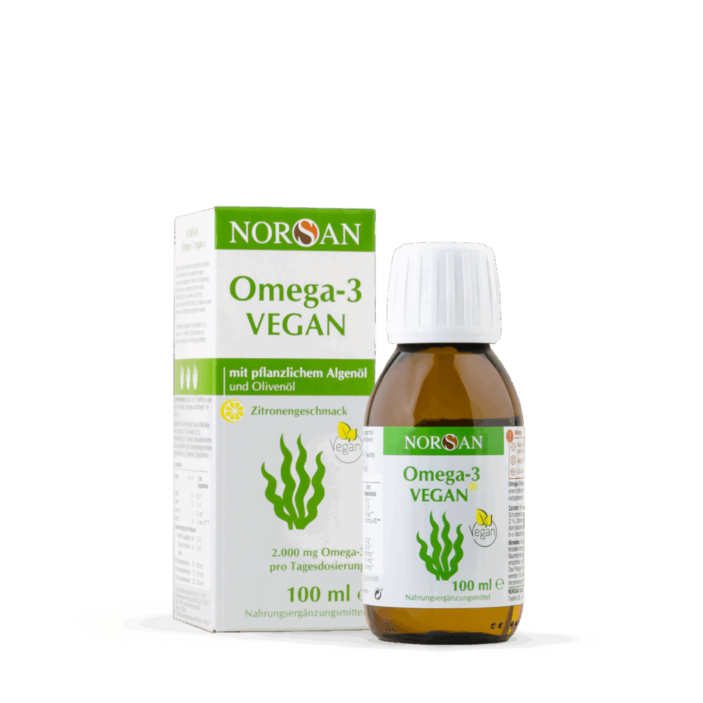 Omega-3 Vegan Öl von NORSAN – Algenöl mit 2.000 mg Omega-3 und veganem Vitamin D3, Flasche mit Box