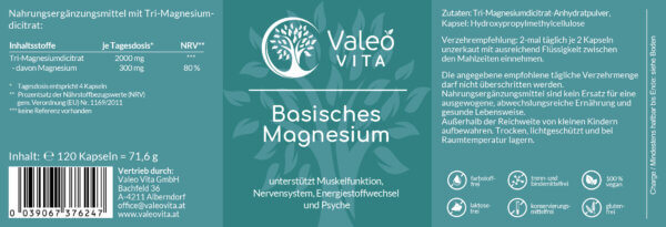 Valeo Vita Basisches Magnesium Etikett