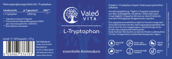 Valeo Vita L-Tryptophan Etikett