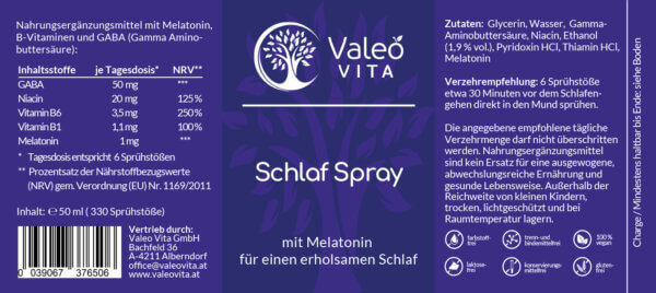 Valeo Vita Schlaf Spray Etikett