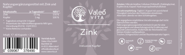 Valeo Vita Zink-Kupfer Kapseln Etikett