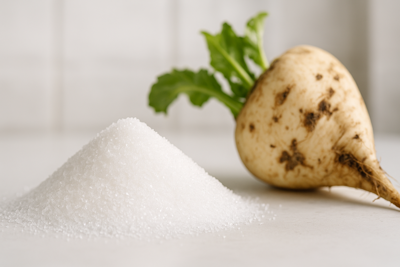 Haufen weißer Zuckerkristalle mit Zuckerrübe im Hintergrund
