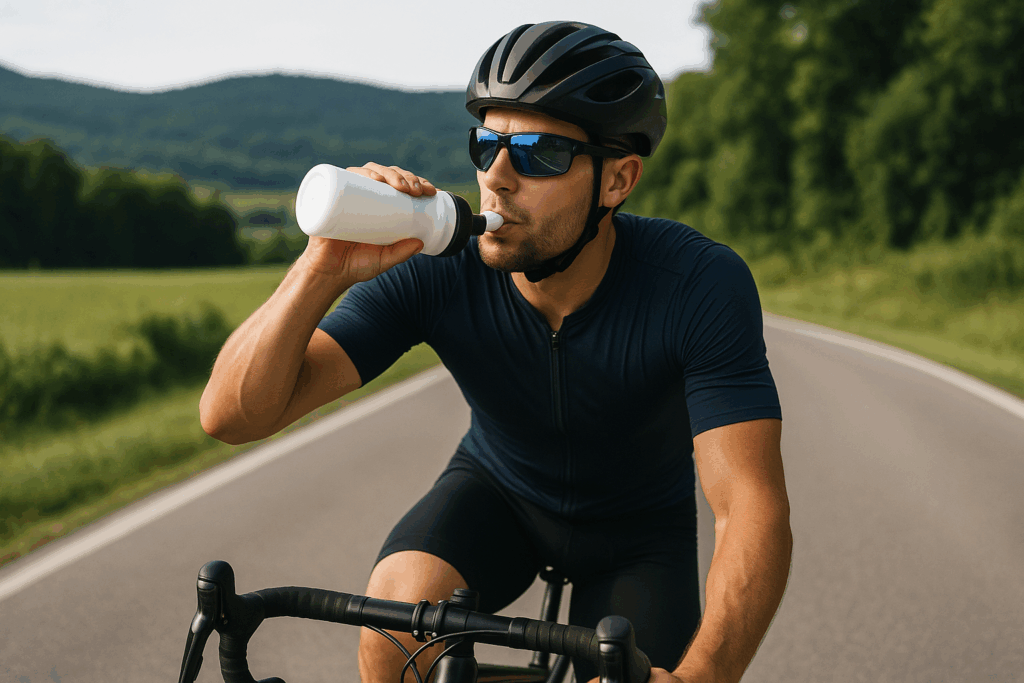 Rennradfahrer trinkt aus Flasche