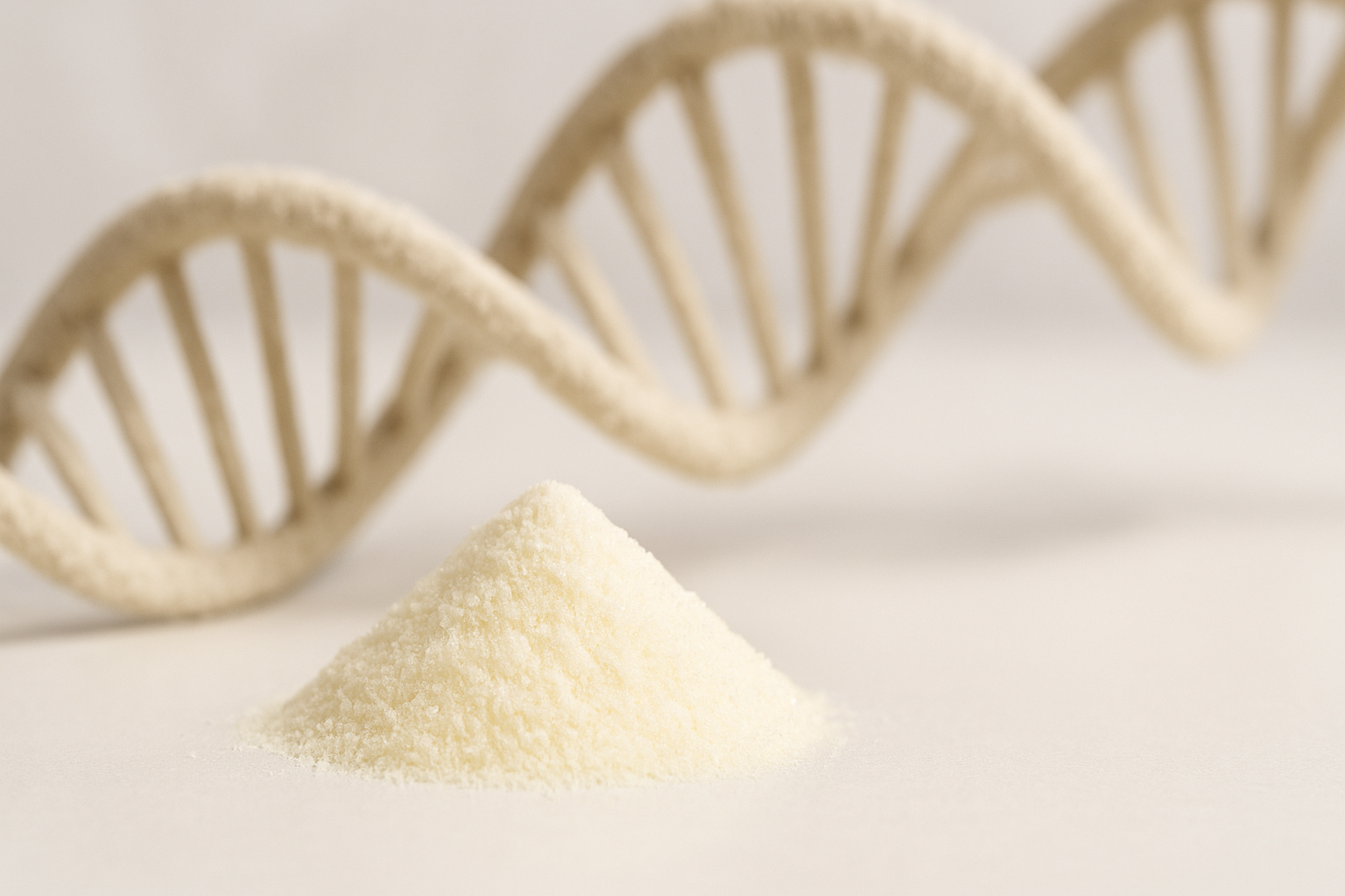 Haufen leicht gelblich-weißer D-Ribose-Kristalle und DNA-Doppelhelix im Hintergrund