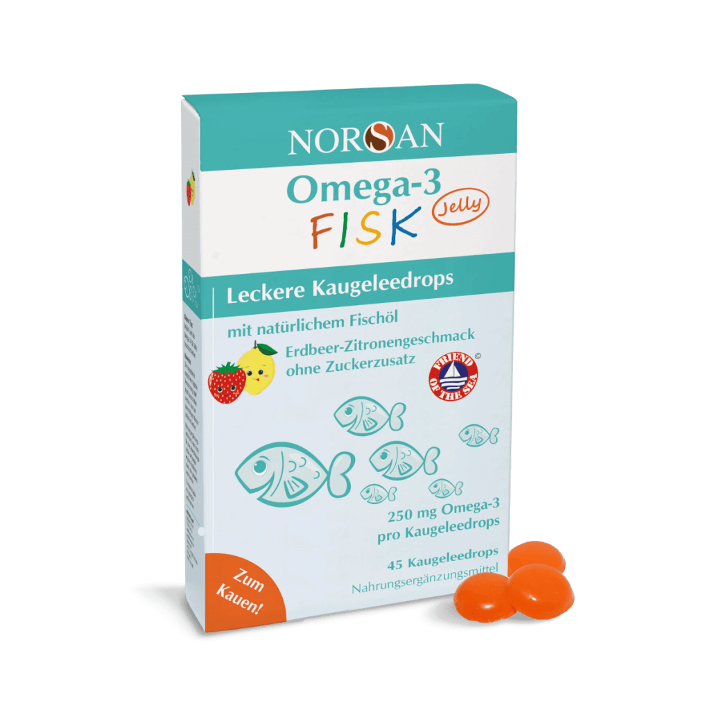 Omega-3 FISK Jelly von NORSAN – 45 Kaugeleedrops für Kinder mit 250 mg Omega-3 und Vitamin D3
