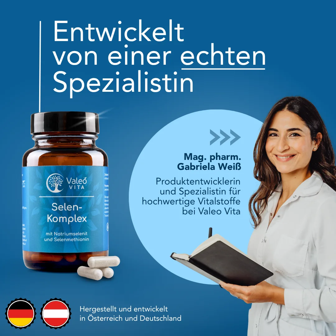 Selen-Komplex Kapseln von Valeo Vita in Braunglasflasche neben Pharmazeutin Gabriela Weiß