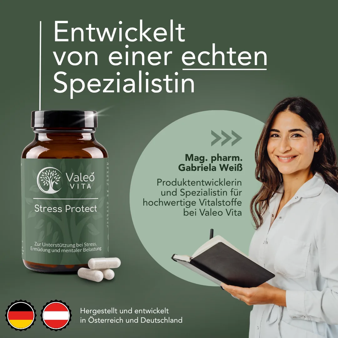 Stress Protect von Valeo Vita in Braunglasflasche neben Pharmazeutin Gabriela Weiß