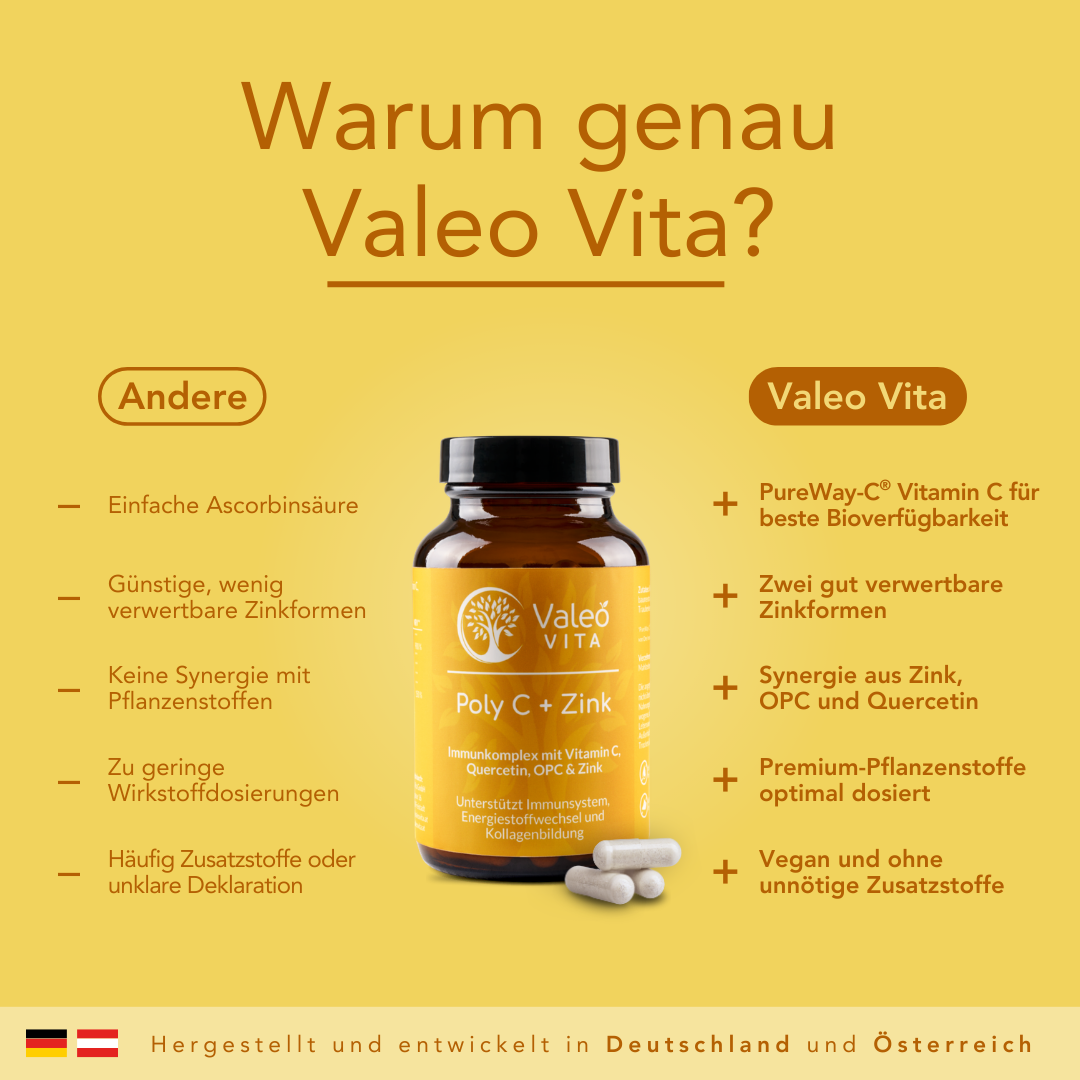 Valeo Vita Immunkomplex Kapseln Vergleich – Immunsystem Komplex mit Vitamin C, Zink und Mikronährstoffen vs herkömmliche Produkte