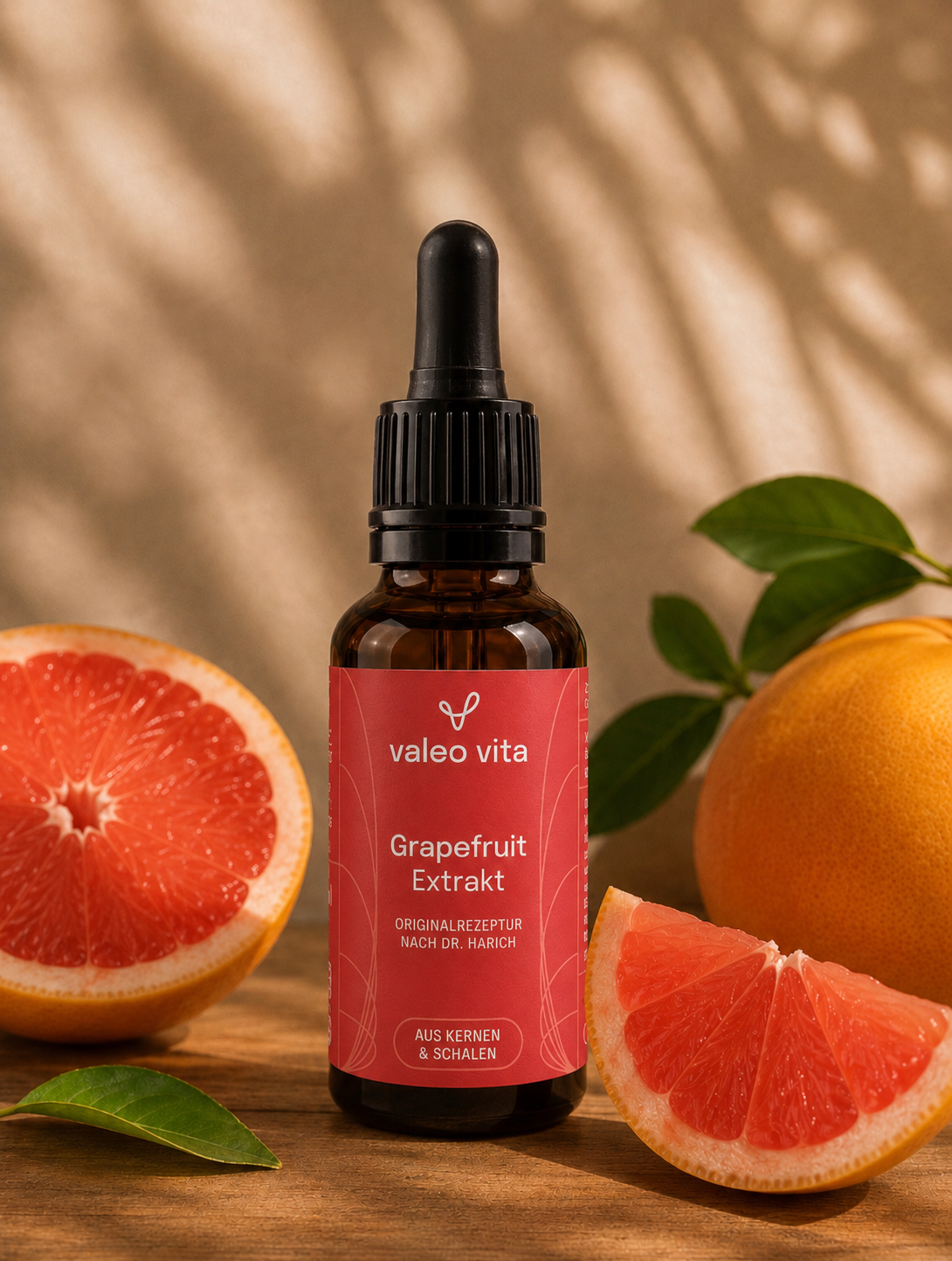 Grapefruit Extrakt nach Dr. Harich von Valeo Vita &ndash; Braunglasflasche mit Pipette und Grapefruits